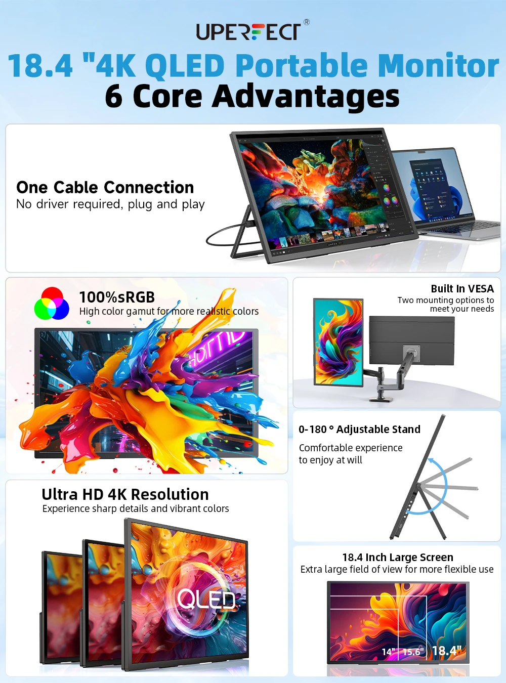 UPERFECT 18.4 polegadas 4K QLED Monitor portátil para jogos Exibição de computador Ultra-fino Estender tela para PS5/4 Switch Laptop PC Mac Xbox