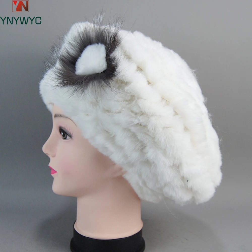 New Real Rex Rabbit Fur Beanies Hat Women Knitted 100% Natural Real Rex Rabbit Fur Beret Caps Ladies Winter Warm Real Fur Hats