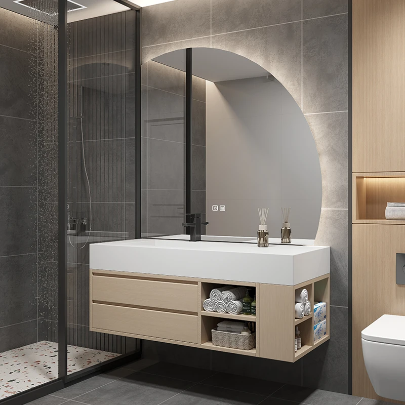 Rectangle Smart LED Mirror Modern Style Natural Wood Water Resistant Wall-Mounted Bathroom Vanity Huge Storage Drawers Shelves
