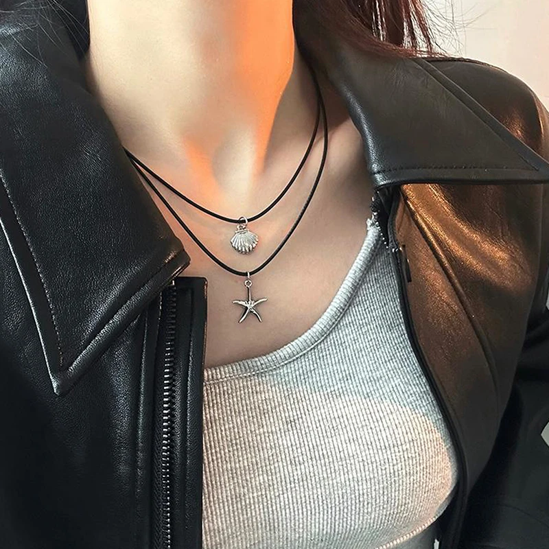 الرجعية الأسود حبل القلب شل قلادة قلادة للنساء الفتيات نجم البحر سلسلة الترقوة قلادة مجوهرات هدية اكسسوارات