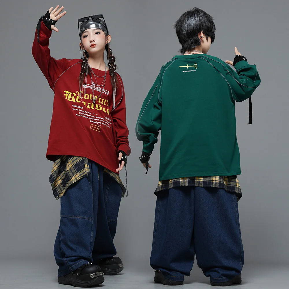 Children Girls Boys Streetwear Hip Hop Long Sleeve Loose T-shirt Denim Pant Sets Kids Sweatshirts Jeans Trousers Tracksuits