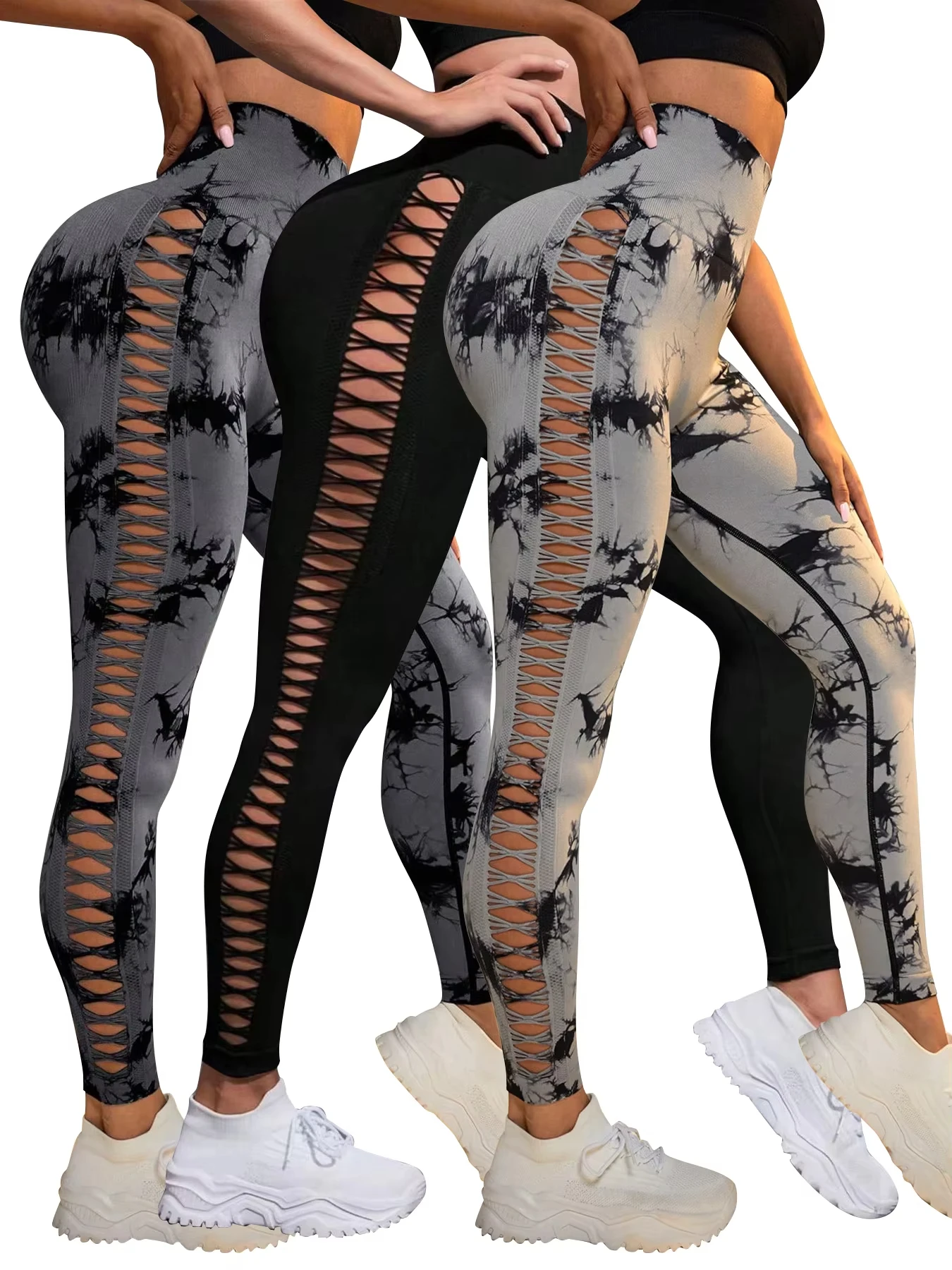 Calções de yoga confortáveis calças de cintura alta das mulheres tie dye oco para fora com malha lateral sexy sem costura leggings de fitness para treinos esportivos