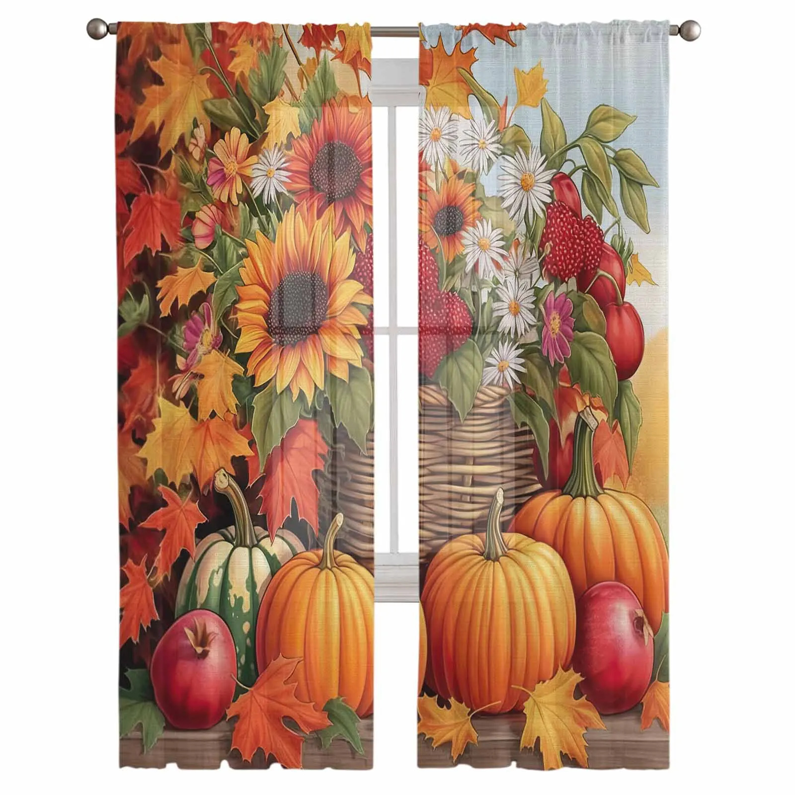 Sunflower Pumpkin Maple Leaf Pomegranate Tulle Curtains for Living Room Bedroom Sheer Voile Curtain Home Decor Kitchen Curtain