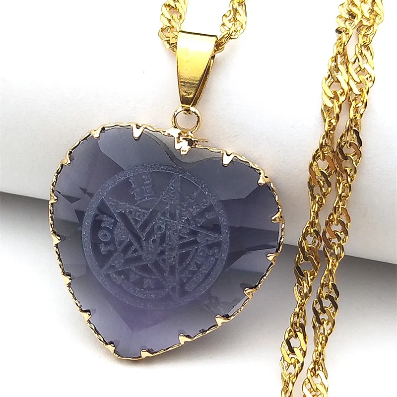 Jewish Tetragrammaton Hebrew Pentagram Heart Shaped Glass Necklaces for Men Women Stainless Steel Gold Color Chain Jewelry Gift