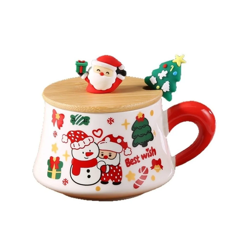 

New Christmas Ceramic Mugs Snowman Wooden Lid Drinkware Sets Gift Box Packaging Xmas Tree Spattered Coffee Cups Holiday Season