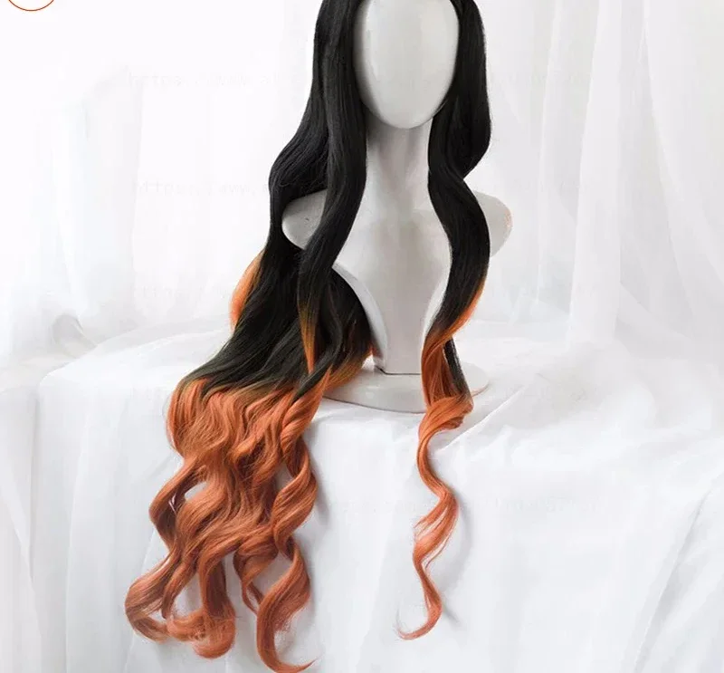 

Halloween Kamado Nezuko Cosplay Wig 95cm Long Curly Black Orange Brown Gradient Ombre Hair Heat Resistant Synthetic