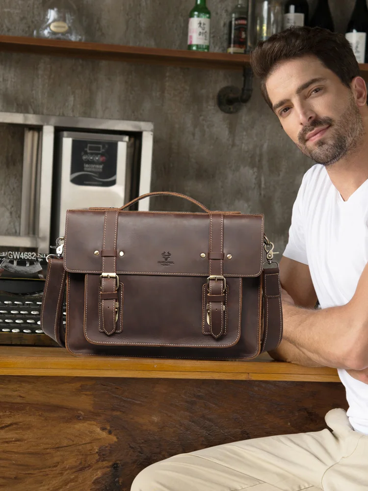 KAVIS New Men Leather Coffee Briefcase Business Handbag Messenger Bags Male Vintage Shoulder Bag Men\'s Laptop Travel Bags Hot