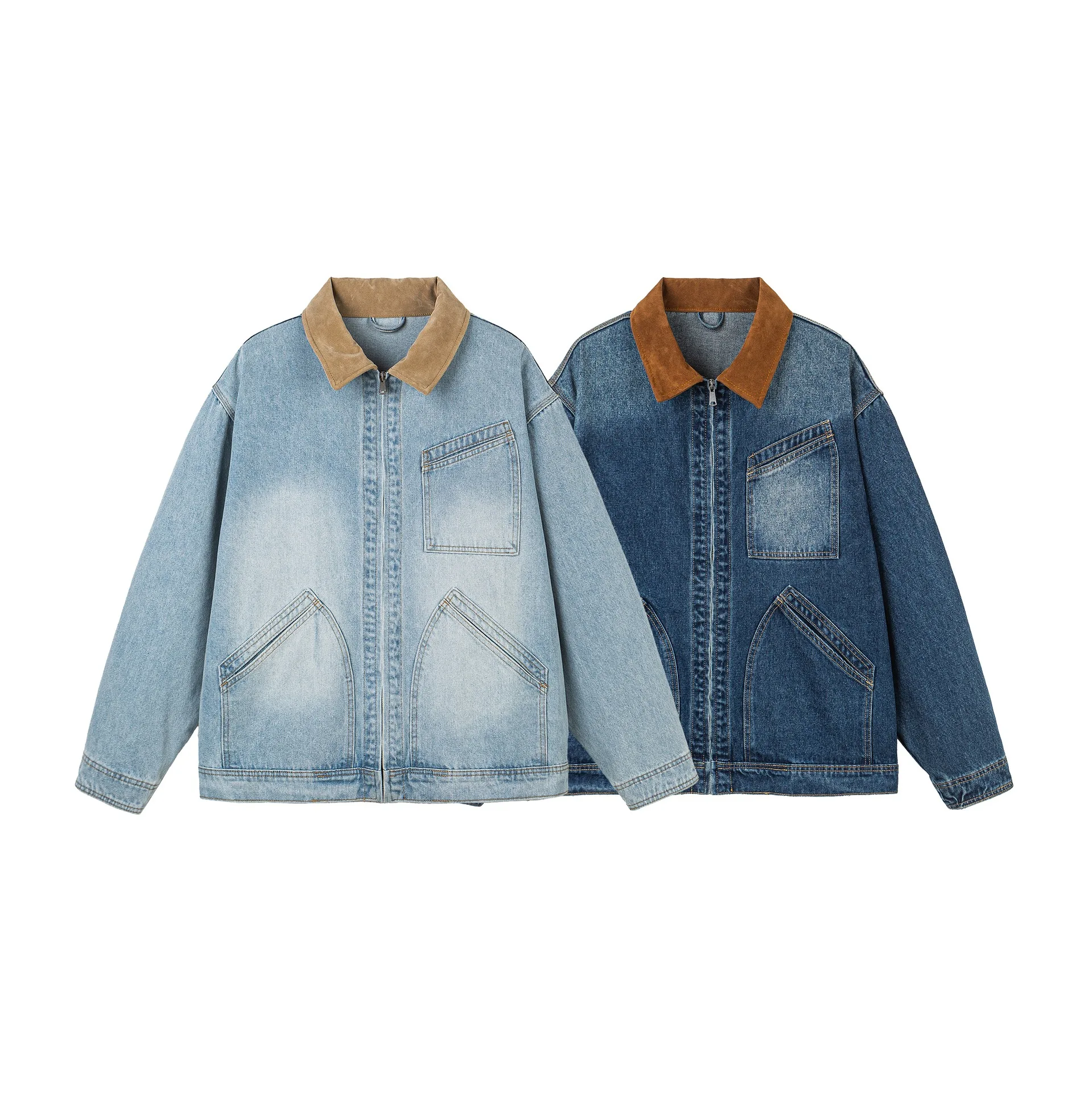 Spring American Retro Denim Jacket Multi-Pocket Color-Blocked Lapel Loose-Fitting Versatile Workwear for Women