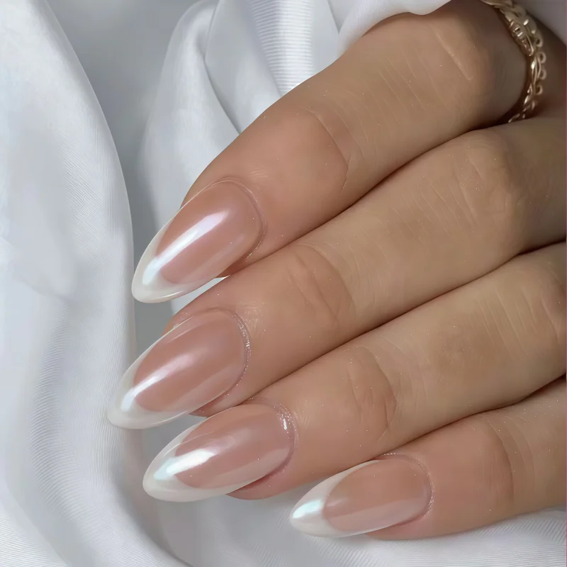 24PCS Simple Nude False Nails with Jelly Glue Glitter Powder French Almond Fake Nails for Spice Girls Nail Art Wearable Press On image 6