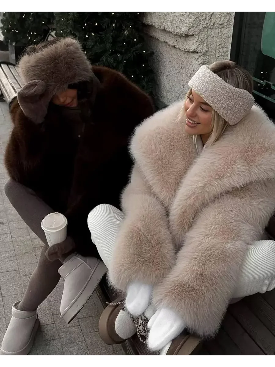 LIMO Women Cropped Faux Fur Jacket Wide Notch Lapel Open Front Oversized Loose Long Sleeve Plush Outerwear