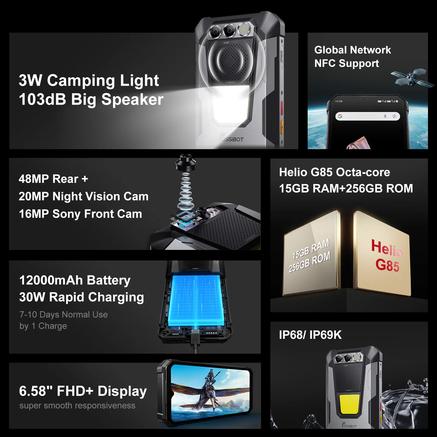 FOSSiBOT F106 PRO Android 14,8GB 256GB ROM Rugged Smartphone,12000mAh Battery 48MP Camera,Loud Speaker Camping Light Cellphone