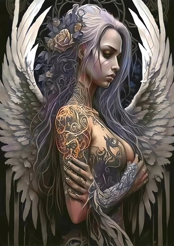 DIY Gothic Tattoo White Wing Angel Lady Floral Hair Side Profile Dark Portrait Diamond Painting, Living Room Bedroom Wall Decor