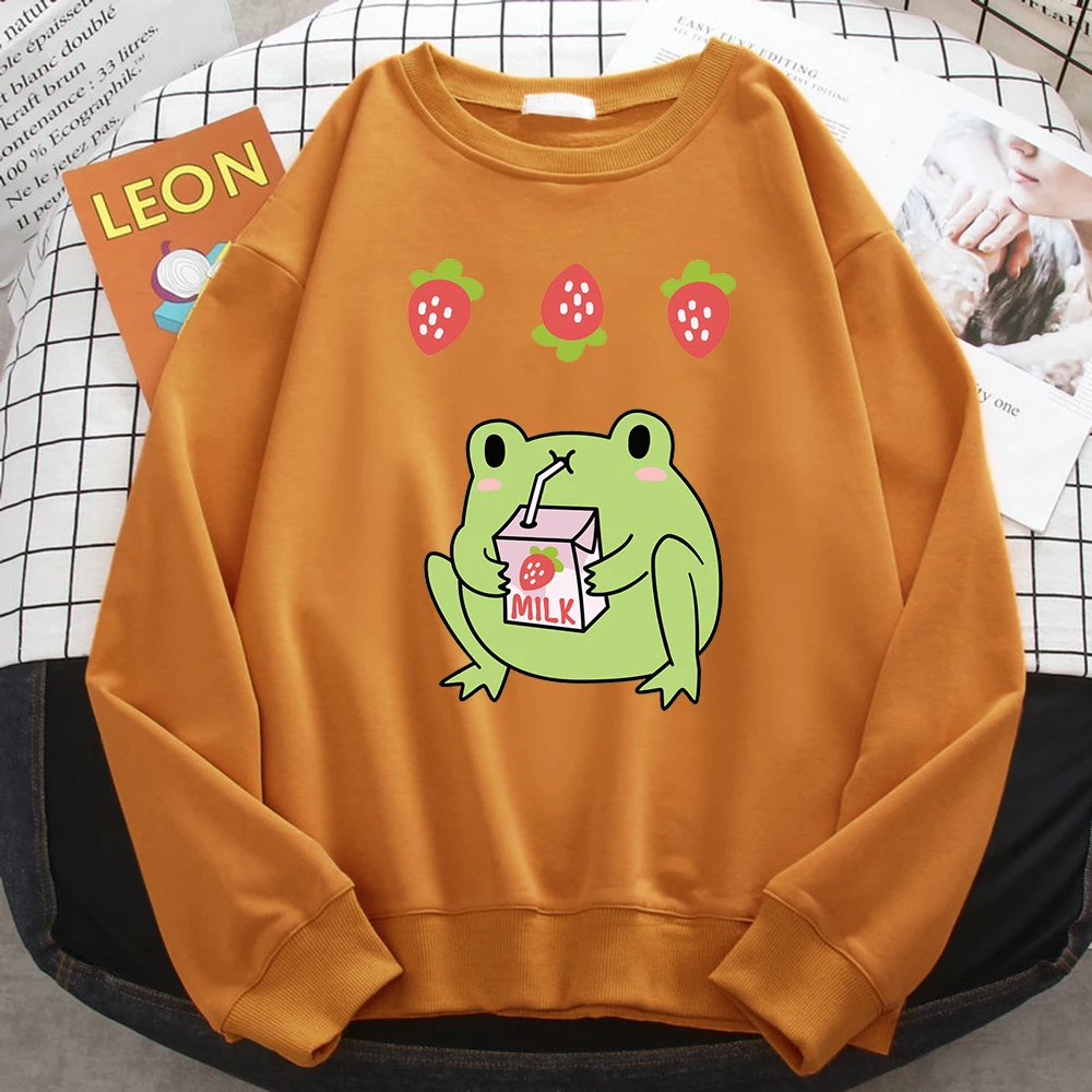 Casualwomens Pullovers Green Frog Who Loves Drinking Strawberry-Flavored Milk Print Hoodies Loose Sweatshirts Warm Fleece Tops