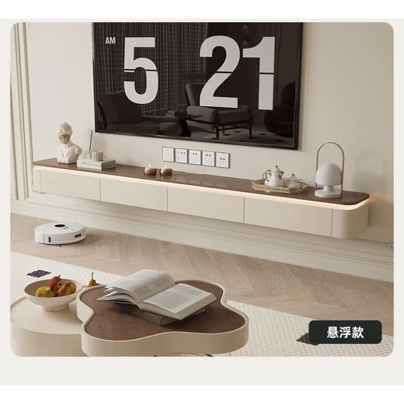 Solid wood suspended TV cabinet, light luxury high-end living room small apartment, modern simple hanging suspended TV cabinet