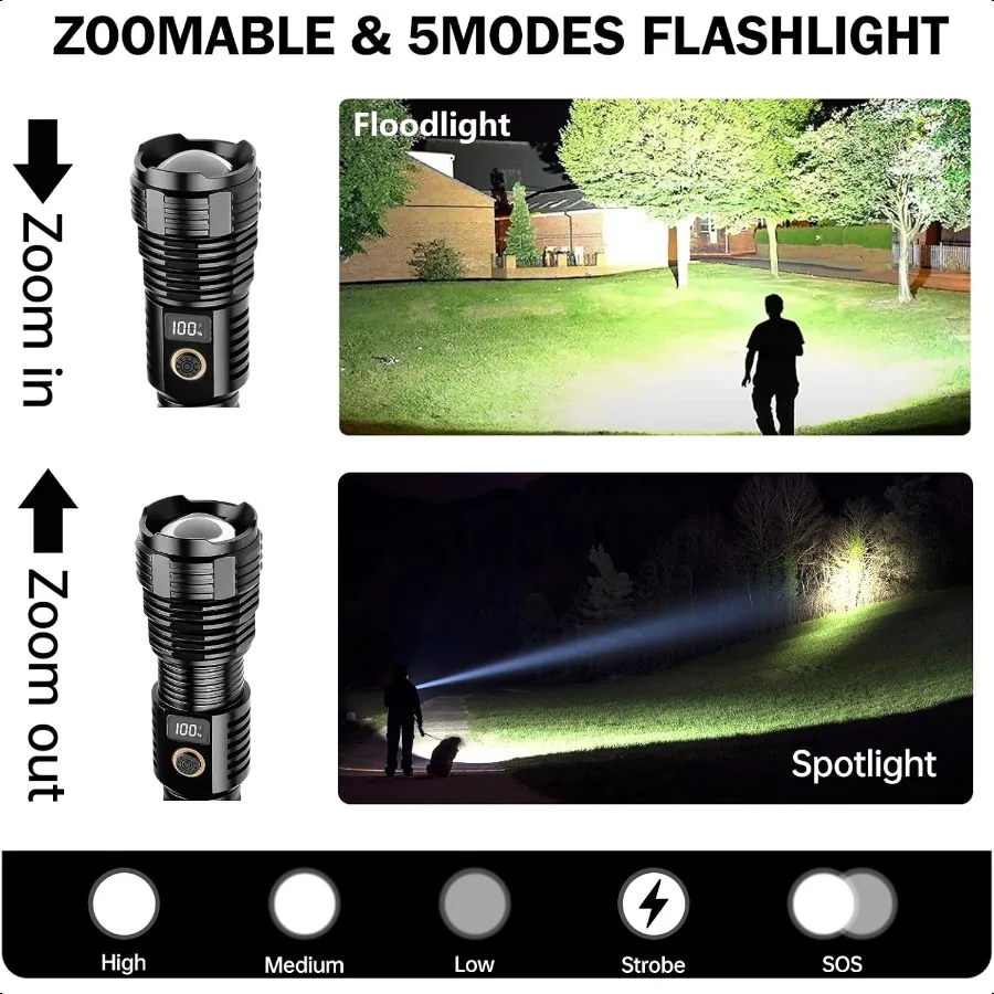 Linternas de alto lúmenes recargables 2000LM LED er luz de Flash brillante linternas con zoom con pantalla Digital LCD 5 modos Waterp