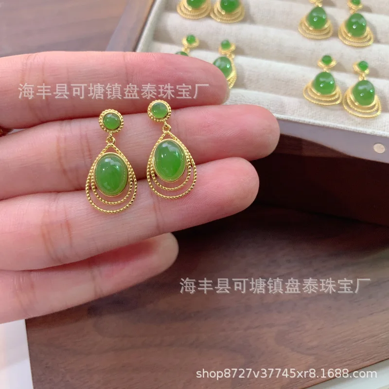 Natural Hetian Jade Russian Jasper Design National Style Ear Studs S925 Silver Inlaid