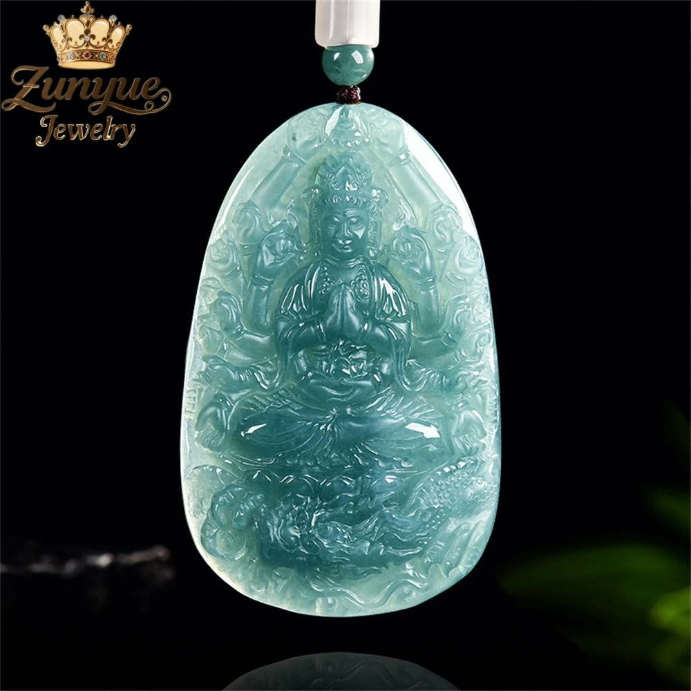 Genuine Natural A-Grade Jade Blue Water Thousand - handed Guanyin Pendant Luxury Quality Jewelry Fashion Jewelry Charms Popular