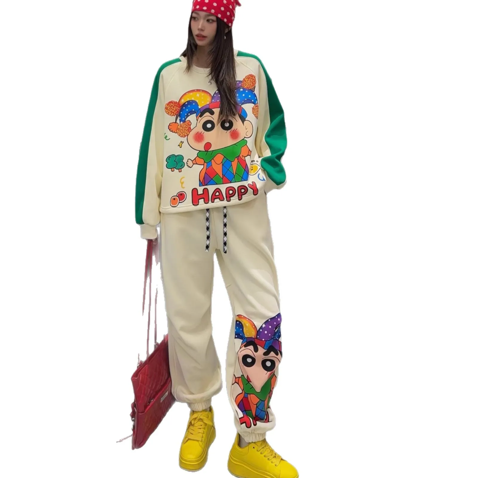 Novo conjunto de duas peças Crayon Shin-chan – feminino emendado contraste cor espartilho suéter moletom solto preguiçoso vibração roupa de desviando de idade