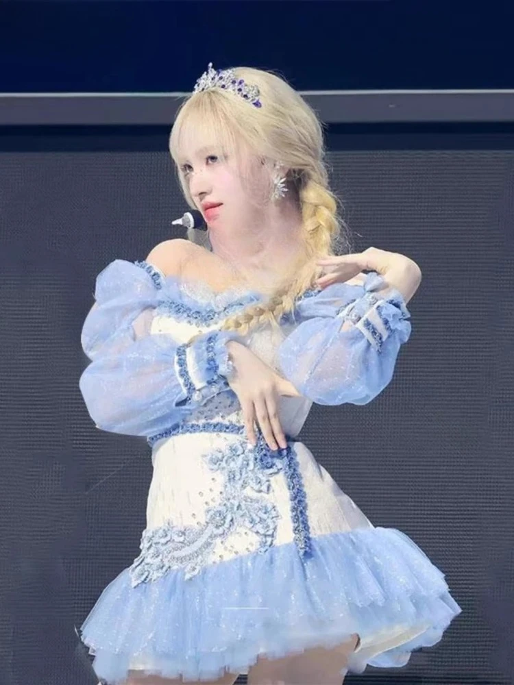 Ropa de actuación en escenario Kpop Dj para mujer, festivales de cantantes coreanos, vestido elegante de encaje con hombros descubiertos, trajes de baile de Jazz de manga larga