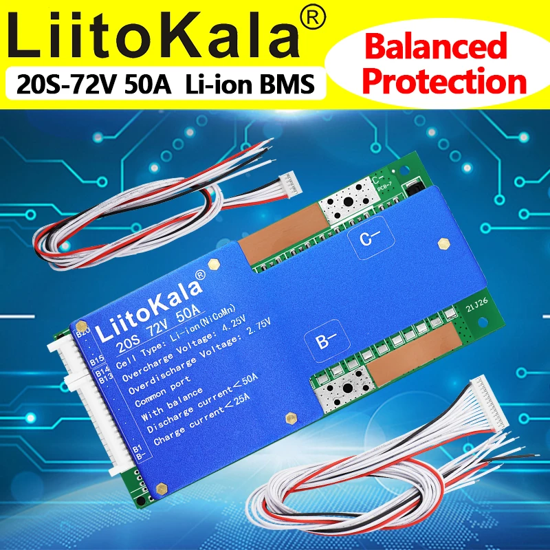 LiitoKala 20S 72V50A BMS لوح حماية شحن الليثيوم ، مع توازن وحماية من السقوط NTC 72V لبطارية الليثيوم للدراجة الإلكترونية