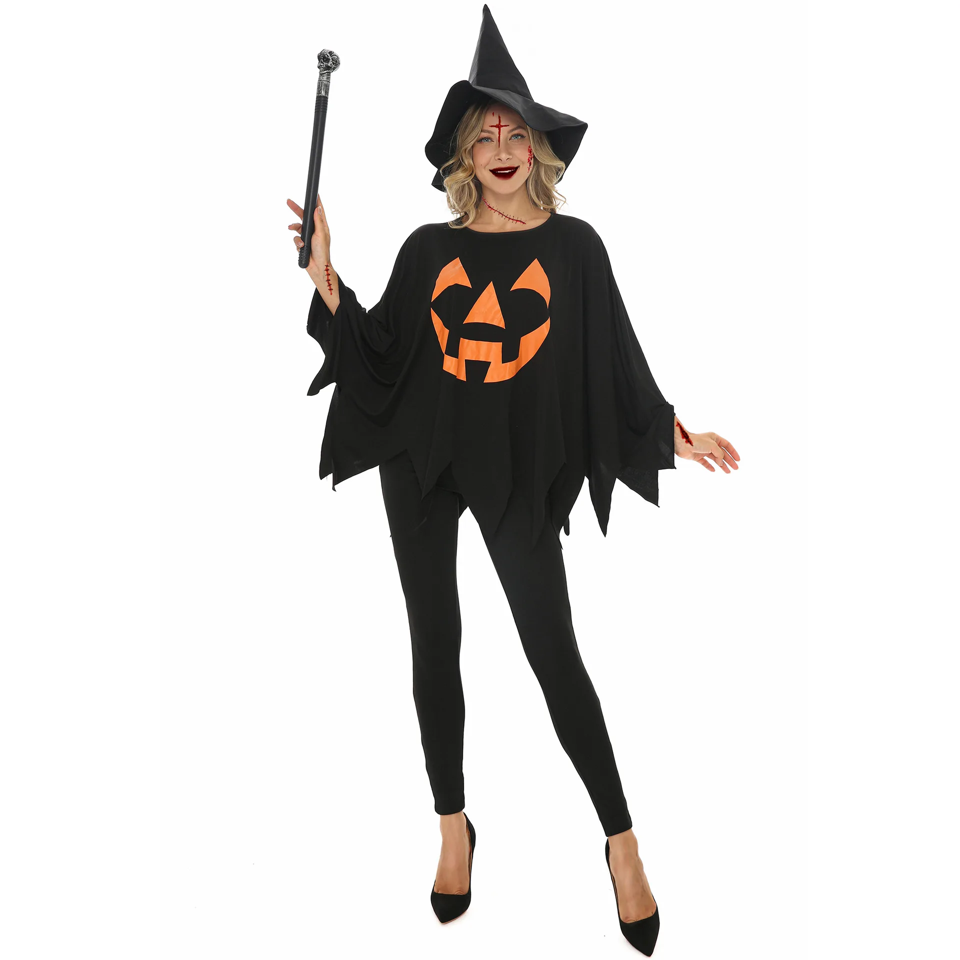 

Women Halloween Costumes Cosplay Irregular Pumpkin Cloak Black Magic Hat Witch Theme Stage Party Role Playing Suit