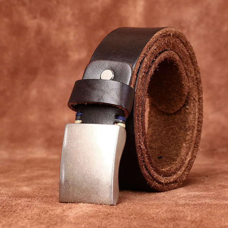 Thickened Vintage Personalized Trendy Top Layer Cowhide Smooth Buckle Belts,Men's Genuine Leather Jeans Board Buckle Belt