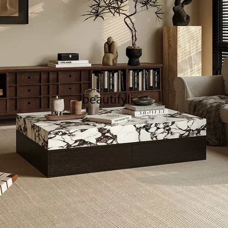 

FAModern light luxury marble, black square coffee table, living room small apartment size combination minimalist