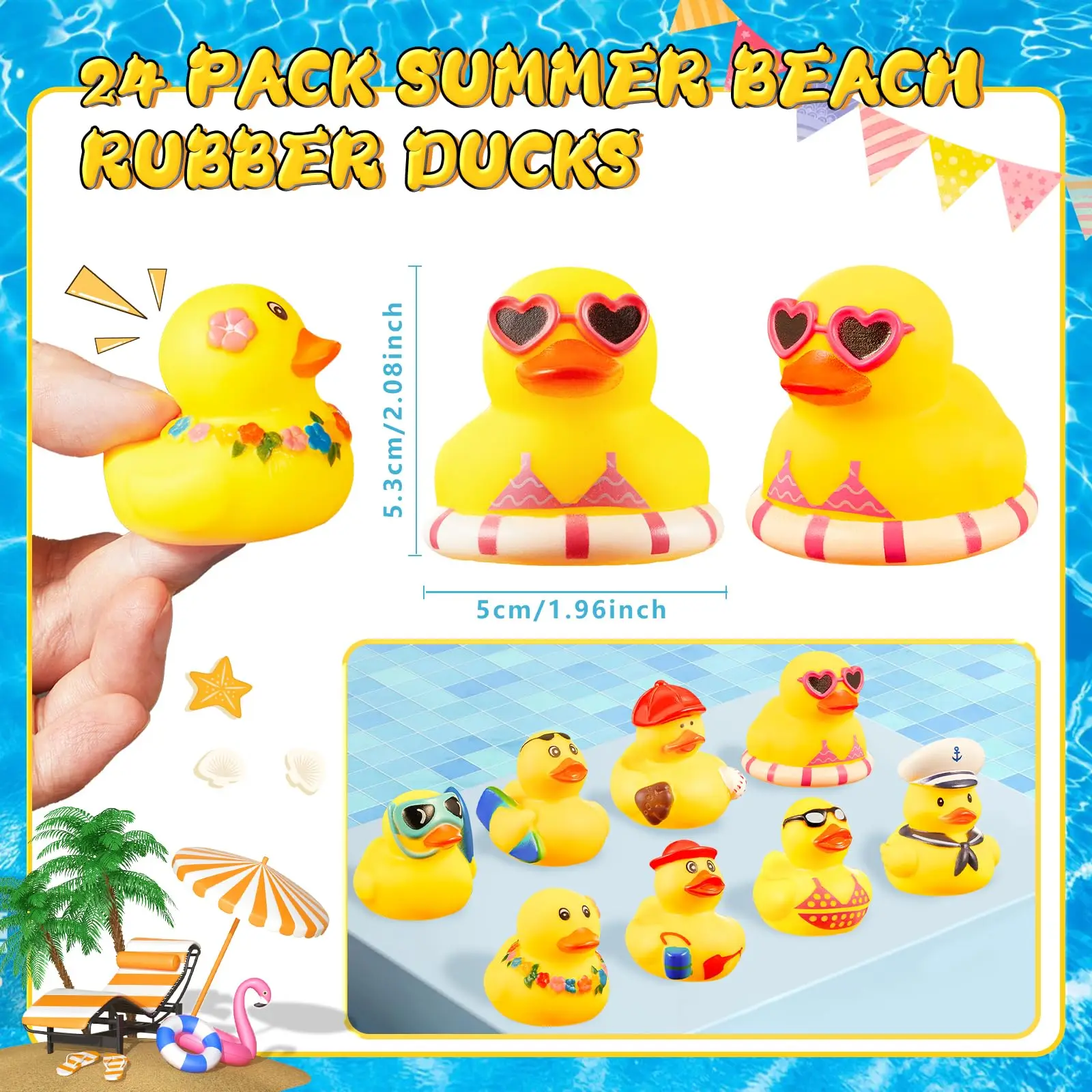 12Summer Rubber Duck for Beach Toy,Assorted Beach Duck for Summer Carnival Beach Pool Baby Shower Activity School Reward for Kid