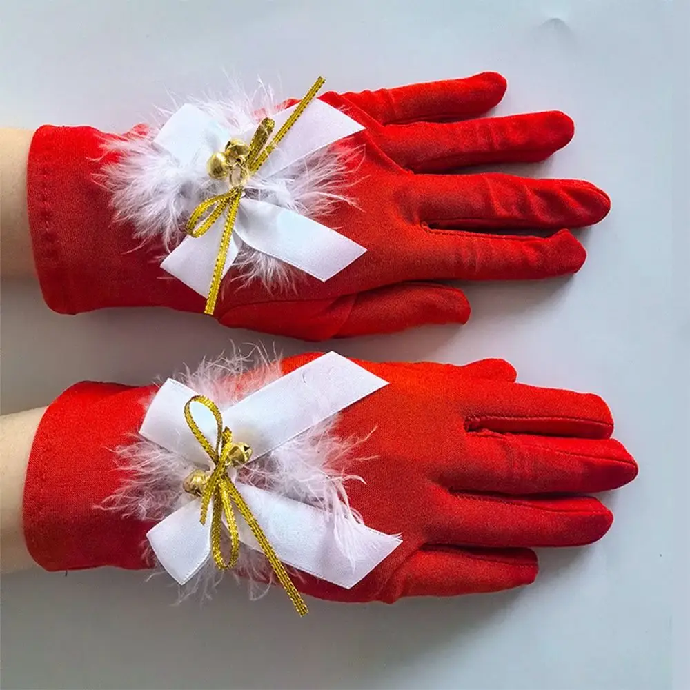 Etiquette Christmas Bell Glove Bow Decoration Gothic Punk Wedding Gloves Red Full-finger Gloves Fancy Dress Party