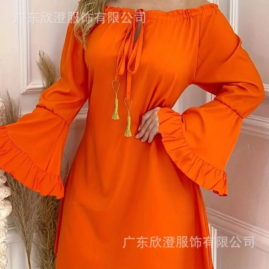 

【New style】Europe and America - independence hot long-sleeved solid color strapless tassel drawstring dress new style