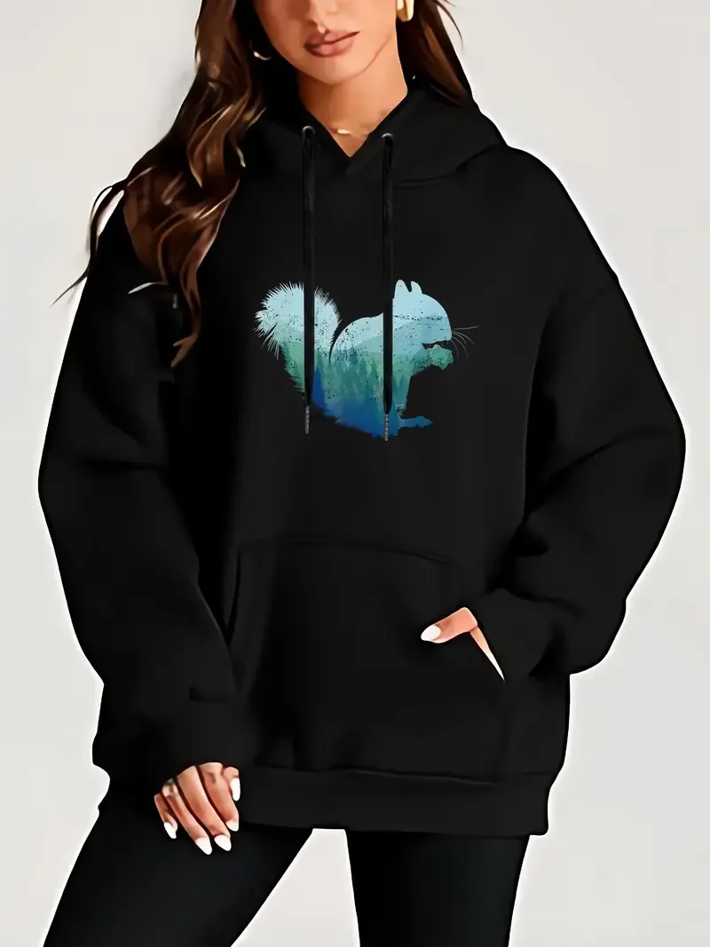 Squirrel Creative Pattern Printed Casual Hoodie Women's Plus Size Comfortable Classic Hoodie Top Machine Washable Leisure Style