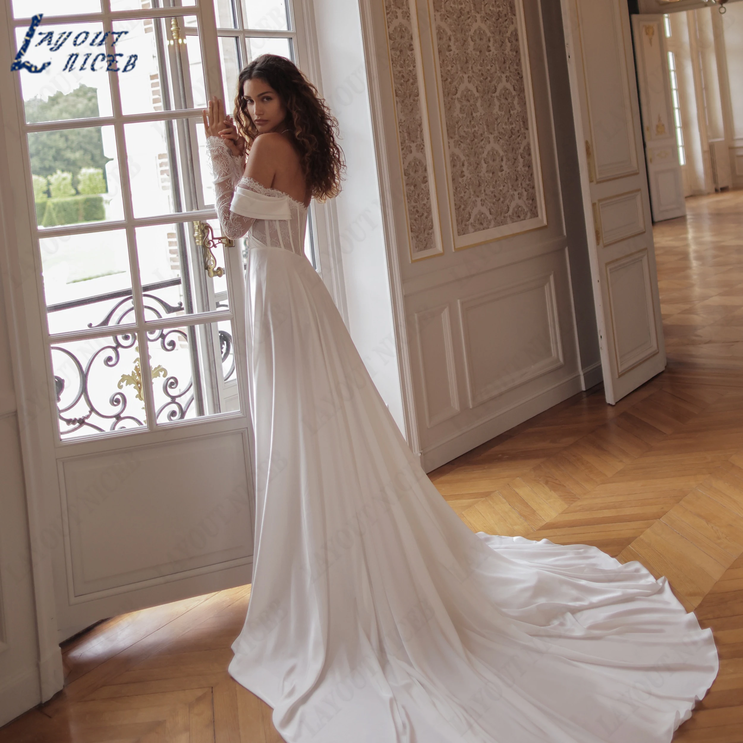 LAYOUT NICEB Customized Off The Shoulder A Line Bridal Gown Soft Satin Lace Wedding Dress Elegant Boat Neck Bride Dresses