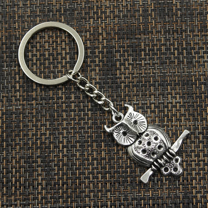 Fashion 30mm Key Ring Metal Key Chain Keychain Jewelry Antique Silver Color Plated Owl Standing Branch 40x31mm Pendant