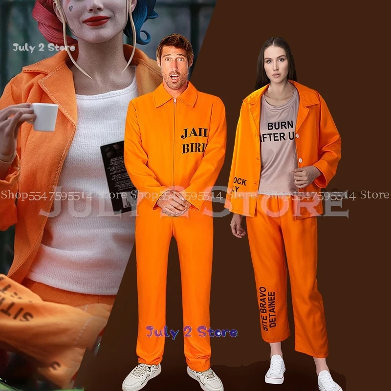 Halloween Funny Unisex Jail Costumes Uniforms Costume Men Women Couple Prisoner Cosplay Party Suit RolePlay Jumpsuit Onesie