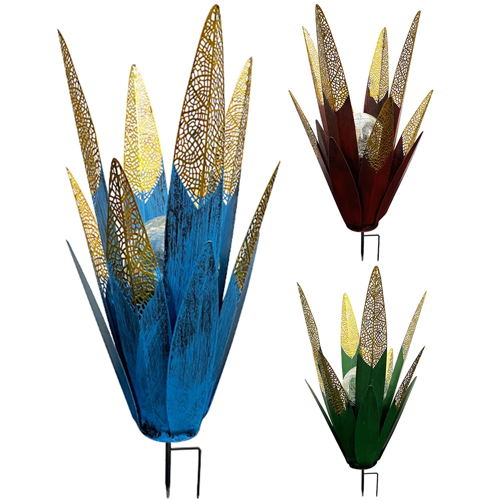 2Pcs Tequila Rustic Sculpture Multi-Color LED Solar Light Metal Agave Plant Home Decor Hand Painted Metal Agave Garden Ornaments