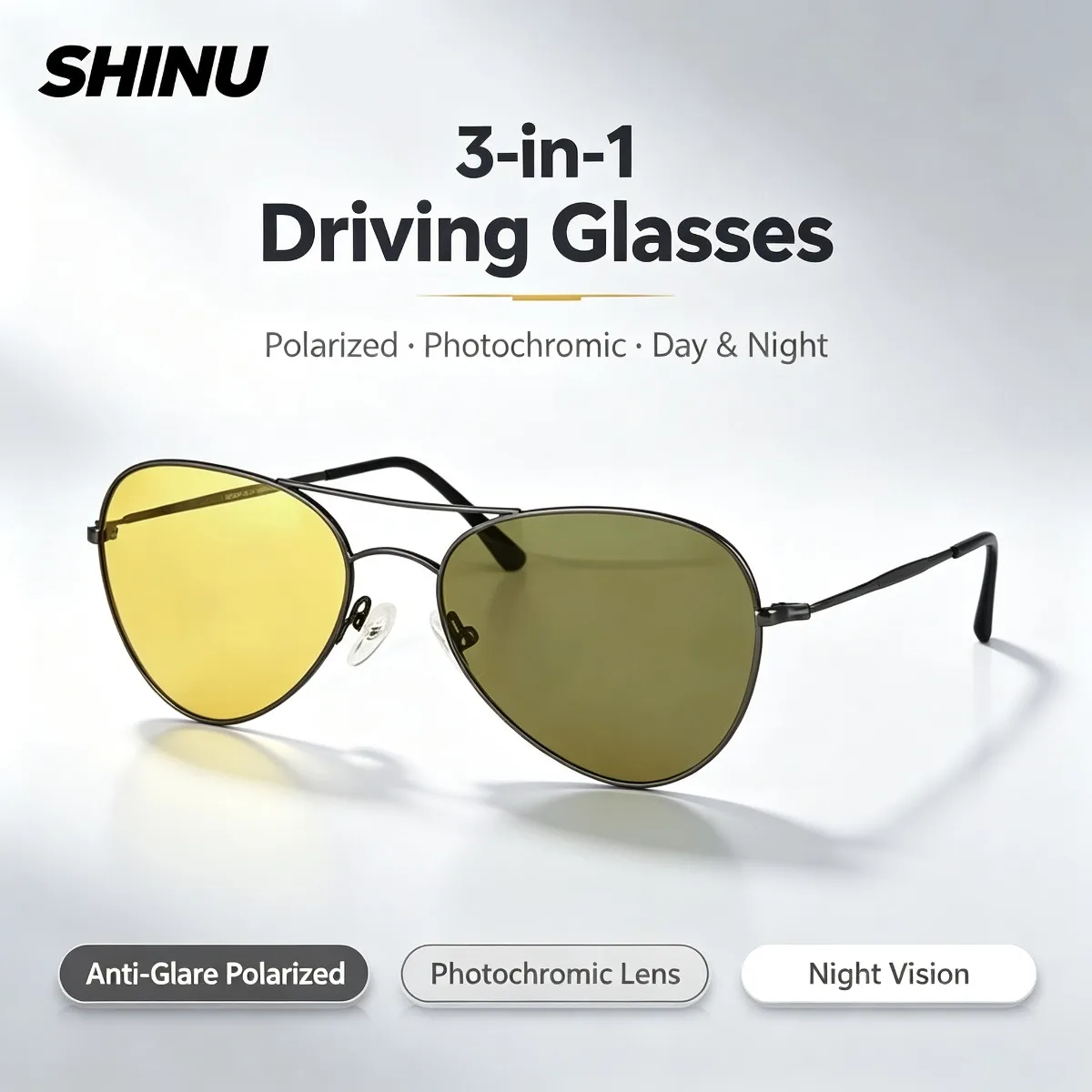 shinu-3-in-1-運転用サングラス。偏光レンズと調光レンズを搭載。夜間視認性に優れたデザイン。男女兼用、ヴィンテージ風のメタルフレーム。