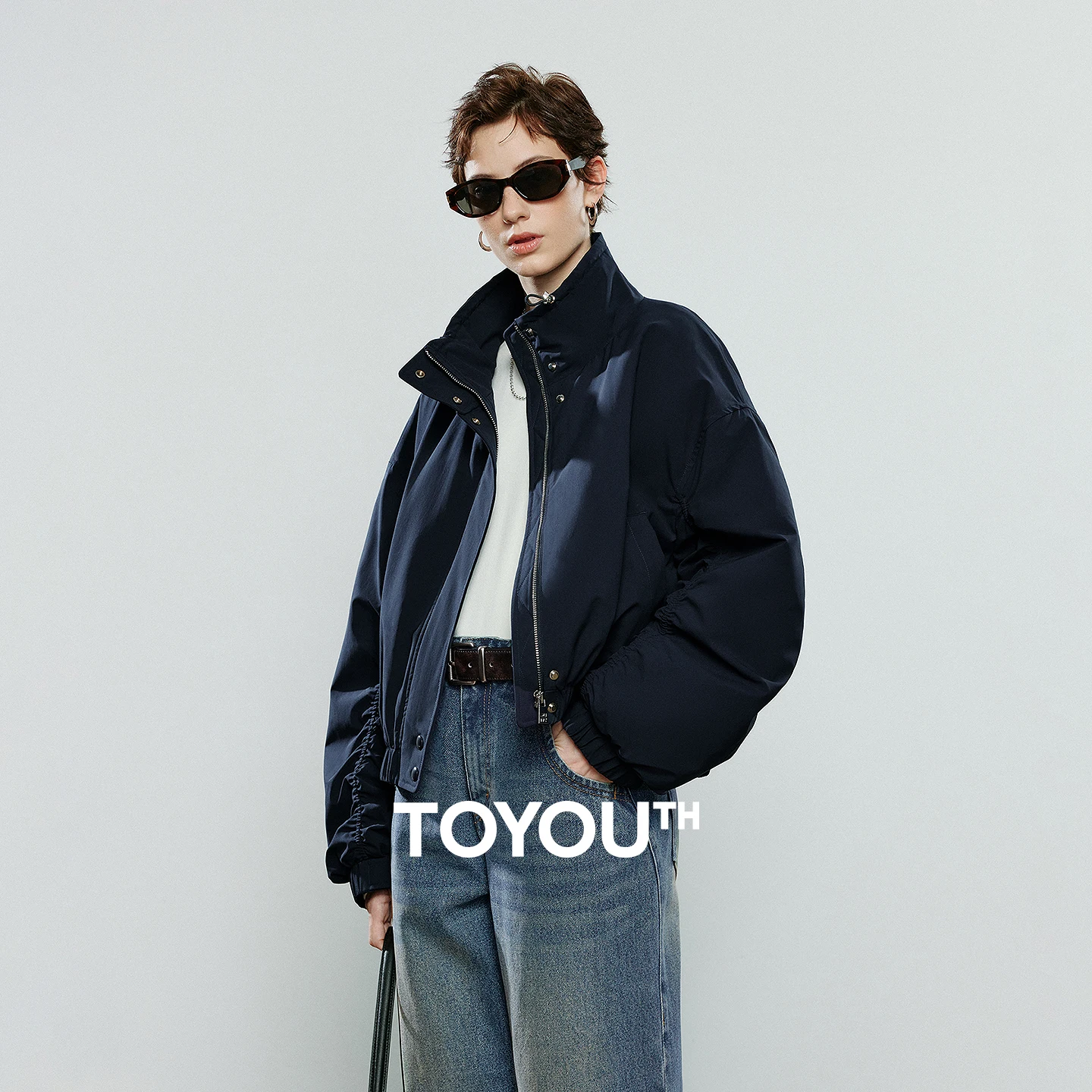 

TOYOUTH Women Cotton Jackets 2025 Winter New Warm Stand-up Collar Retro Navy Blue Stylish Pleated Sleeve Jacket Coats