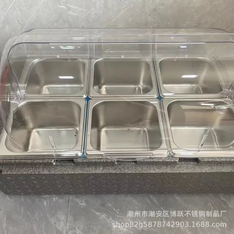 304 Stainless Steel Square Ice Powder Container with Double Flip Lid Dustproof Fresh Keeping Box for Fruit Salad Bar Display