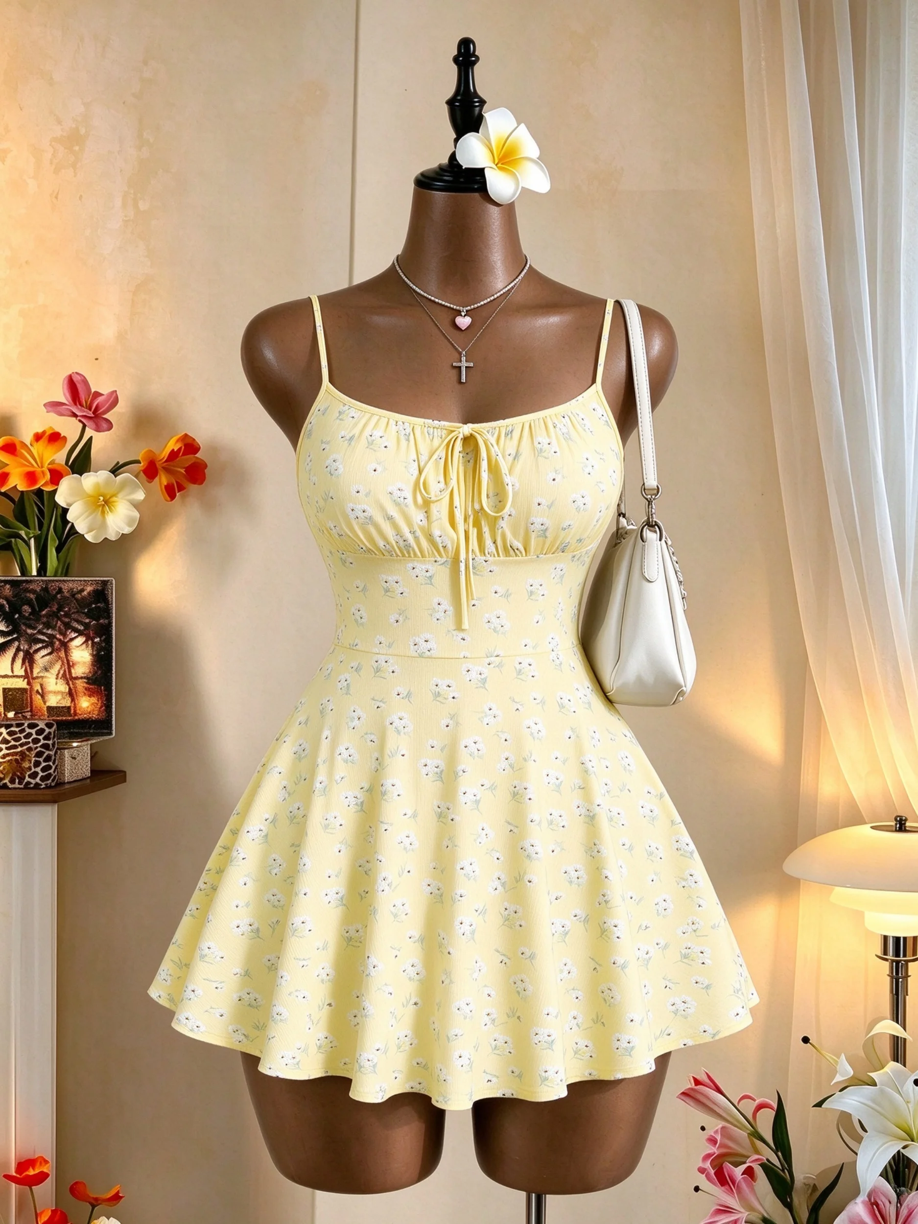 Damen Blumen-Spaghetti-Träger-Minikleid mit Vorderverschluss, hoher Taille, A-Linie, Sommer-Freizeitkleid – Detail 1