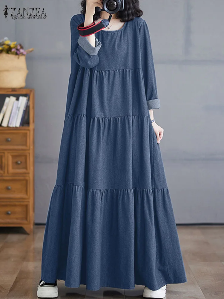 2025 ZANZEA Women Spring Vintage Long Sleeve Ruffles Maxi Dress Autumn Solf Denim Sundress Casual Loose Solid Vestido Robe Femme