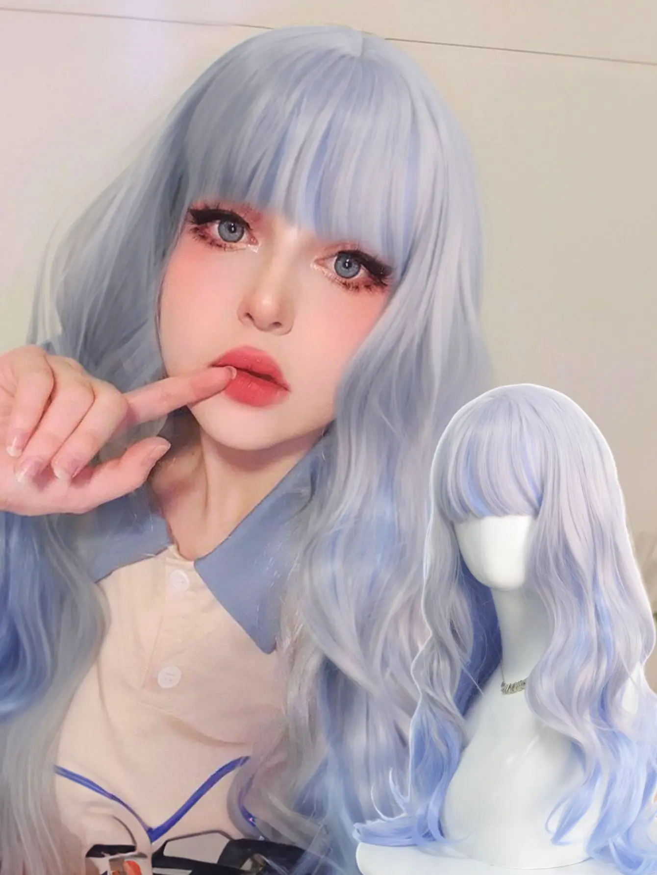 

Синтетический парик средней длины с тупой челкой и цветными блоками — контрастные внутренние и внешние слои, милый крутой стиль K-Fashion