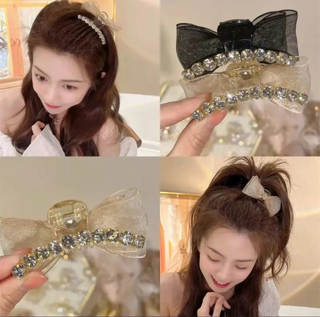 Small Resin Hair Claw Clip Rhinestone Bow Double Sided Removable Mesh Back Head Women Daily Elegant Durable Premium