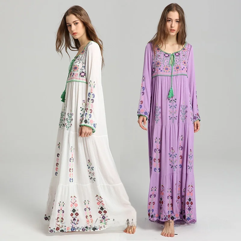 Bohemian Style Cotton Linen Embroidered Flower Long Dress Belted Holiday Vibes Women's Loose Fit V-neck A-line Skirt Dress
