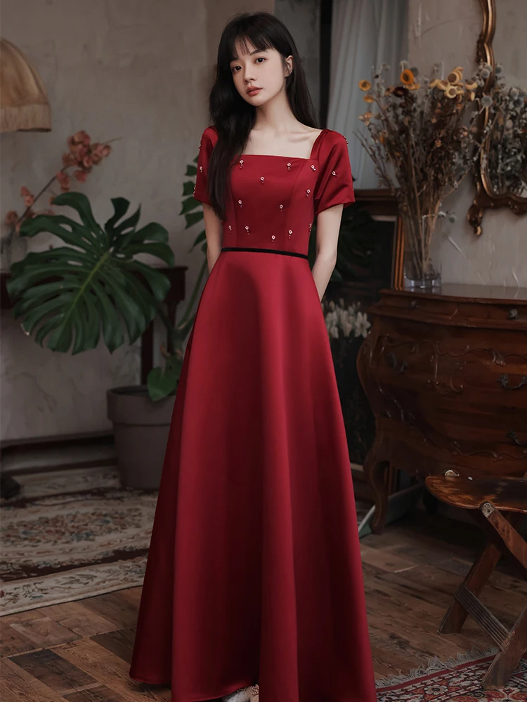 

Red Wedding Dr Square Collar Slimming Evening Gown for Engagement And Banquet Parties Korean Sle Long Sve Resin Diamond
