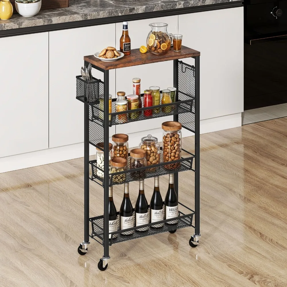 

Slim Rolling Kitchen Cart 4-Tier Metal Industrial Storage Trolley Utility Rack