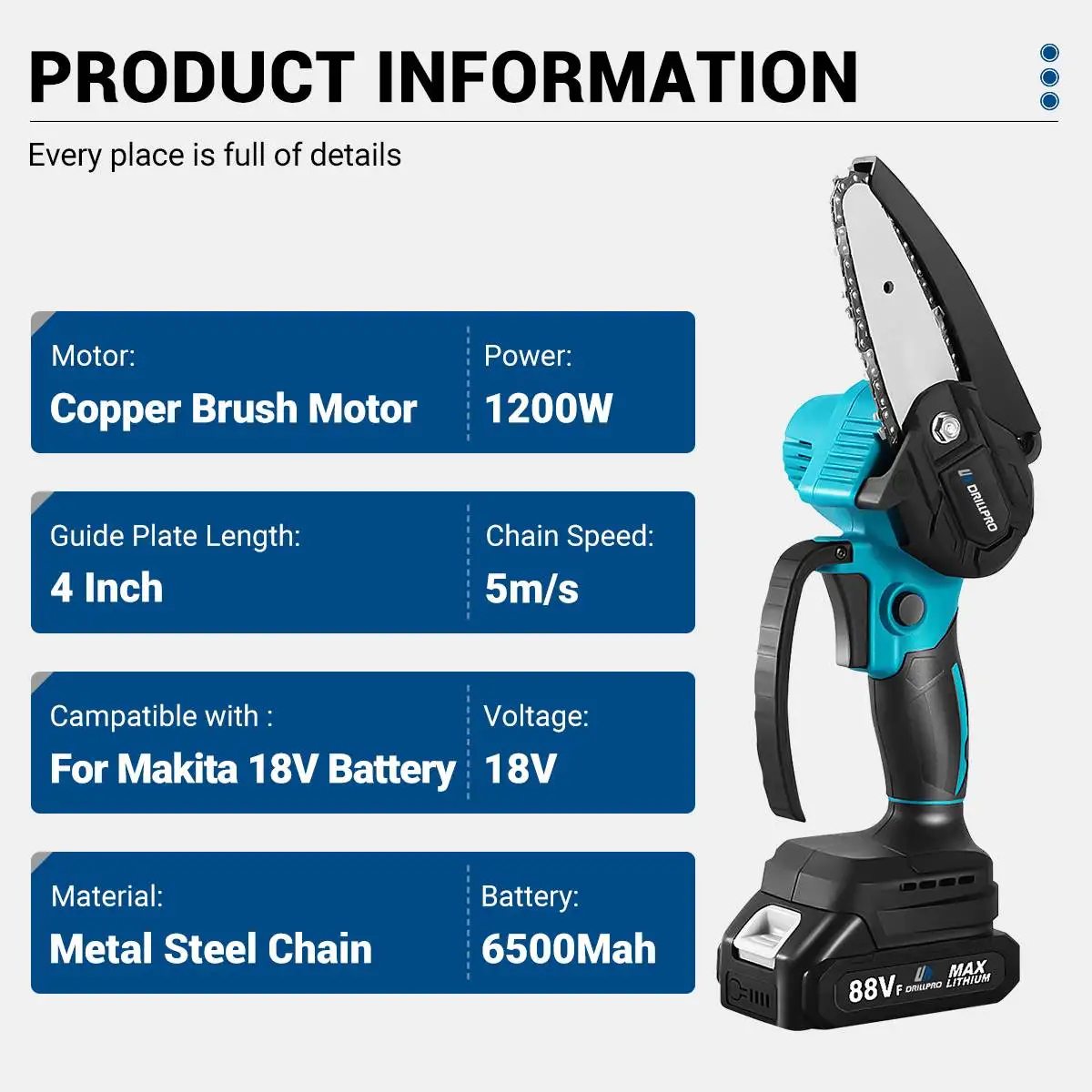 Imagem -03 - Drillpro Cordless Mini Motosserra Elétrica sem Escova Jardim Ferramenta para Carpintaria Bateria Makita 18v 1200w