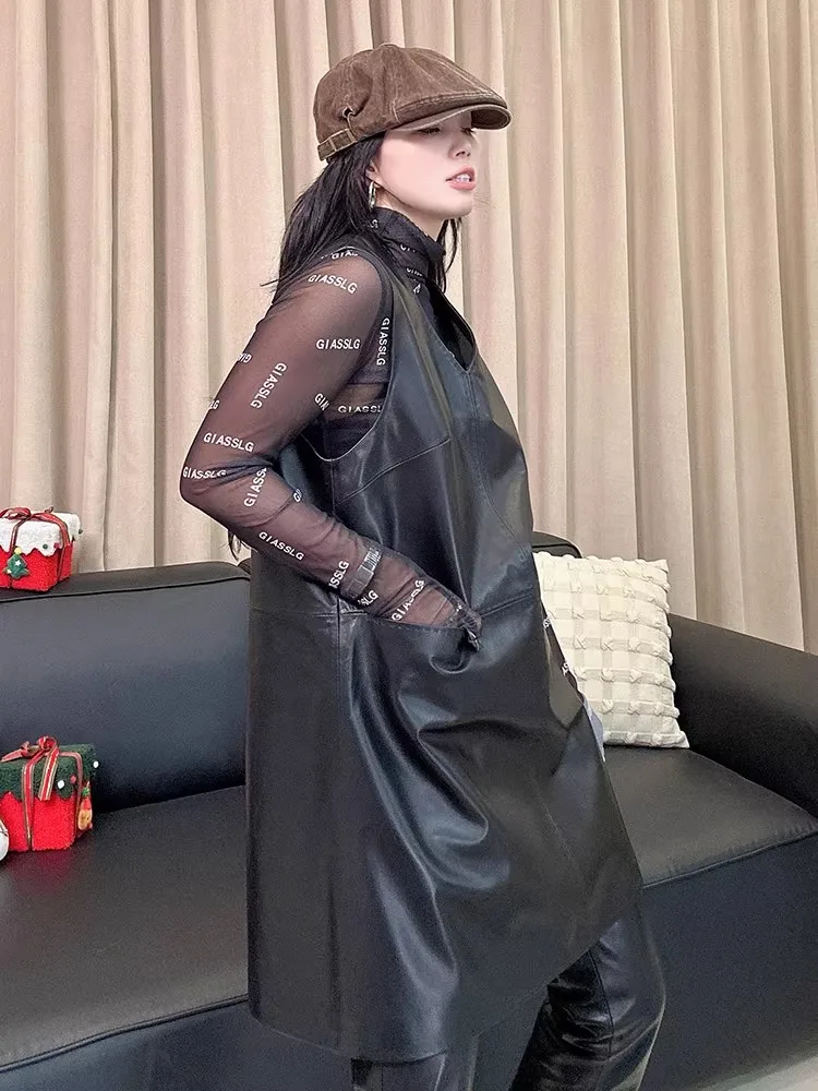 ربيع جديد إمرأة الخامس الرقبة فضفاضة تناسب جلد الغنم فستان جلد طبيعي موضة جلد ناعم بلا أكمام تانك فستان ملابس الشارع الشهير عادية #5