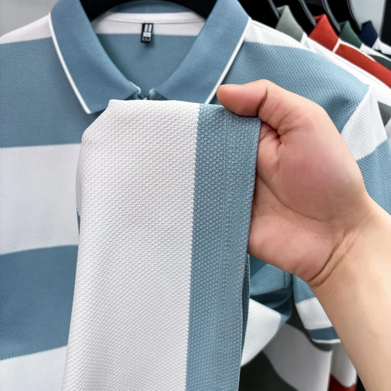 Modisches gestreiftes, farblich abgesetztes Kurzarm-Poloshirt für Herren High-End-Marke Pony-Stickerei Sommer, Golf, Freizeit, neues T-Shirt mit halbem Reißverschluss – Detail 24