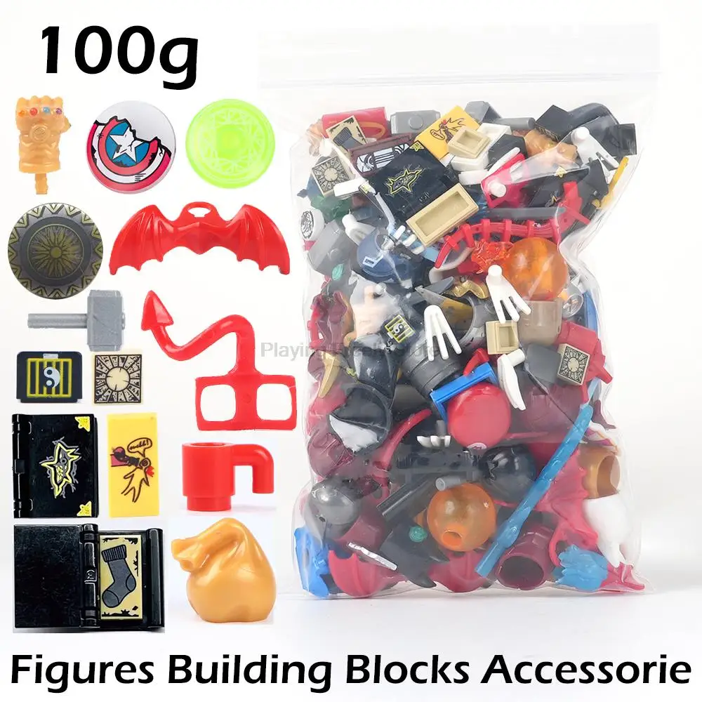 100g 200g MOC Figure Body Part Anime Random Shield Helmet Hat Tail Weapon Accessories Building Block Children Toys Creative Gift