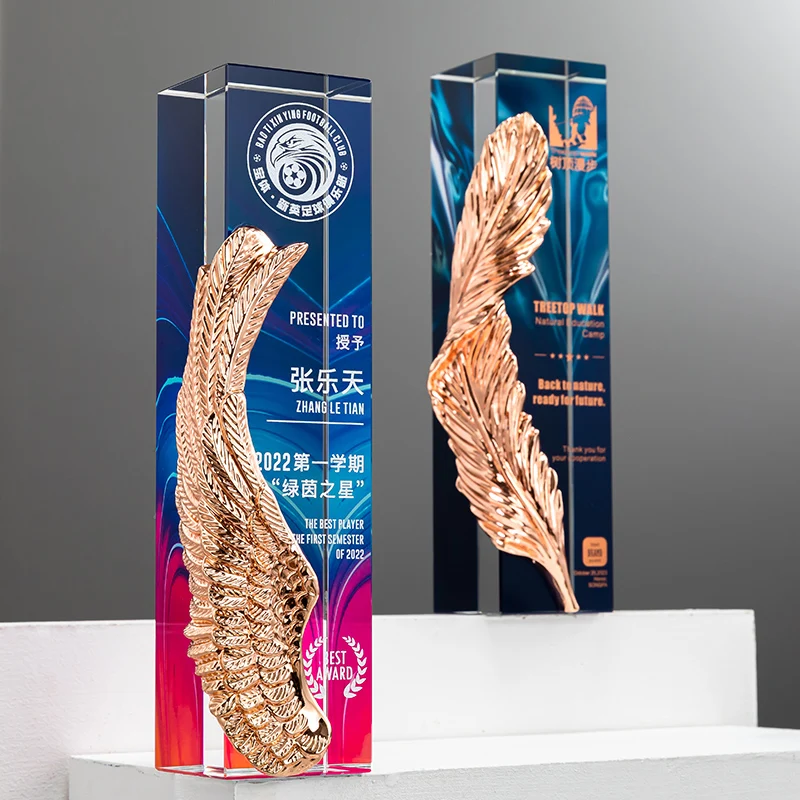 1pc Personalized Blue Crystal Trophy Award Corporate Trophy with Metal Feather Recognition Plaque Retirement Appreciation